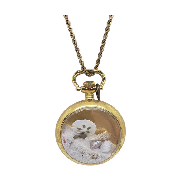 Vintage Gold Tone Pocket Watch Pendant Necklace Beach Sand Real Shells Ocean Art - Picture 5 of 16